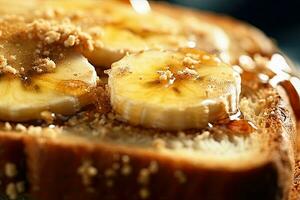 Banana pane abbrustolito, macro tiro di un' fresco prima colazione con gocciolante Miele, ai generato foto