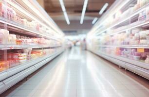 sfocato sfondo nel il principale corridoio di supermercato foto