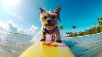 yorkshire terrier su un' tavola da surf nel il oceano. estate vacanza foto