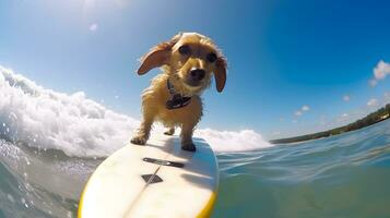 carino d'oro cane da riporto cucciolo fare surf su tavola da surf nel oceano foto