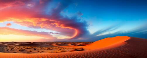 vivace arcobaleno archi con grazia al di sopra di d'oro sabbia dune la creazione di un' surreale e ipnotizzante contrasto nel il deserto paesaggio foto