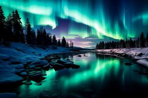 travolgente Schermo di vivace colori in mezzo il buio - il mozzafiato danza di il aurora Borealis si illumina il nordico cielo foto