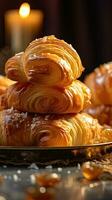 un' brioche con Grano orecchie nel il sfondo foto