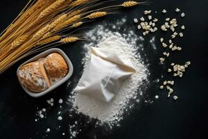 grano cosparso Farina si siede su un' tavolo Il prossimo per un' ciotola di Grano e un' ciotola di avena foto