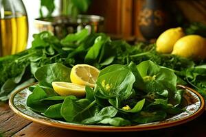 un' insalata piatto di spinaci con limoni su esso, generativo ai foto