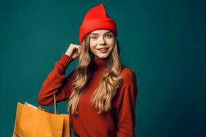 giovane donna nel Natale vestito con shopping borse ai generato foto