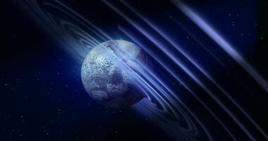 astratto blu spazio pianeta con un' il giro asteroide cintura squillare futuristico hi-tech su il sfondo di stelle nel Aperto spazio foto