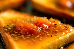 papaia pane abbrustolito, macro tiro di un' fresco prima colazione con gocciolante Miele, ai generato foto