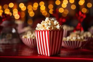 un' Popcorn a strisce carta Borsa nel un' Teatro circondato di luci foto