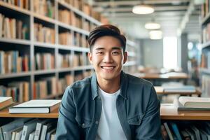 asiatico alunno nel biblioteca ai generato foto