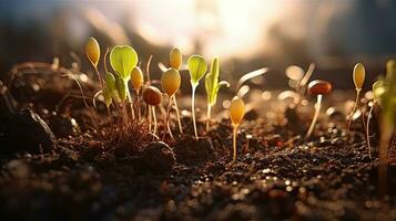 germinazione semi di verdura su il terra nel vario le stagioni, ai generato foto