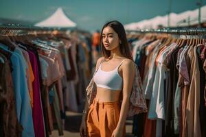 asiatico ragazza a parsimonia mercato ai generato foto