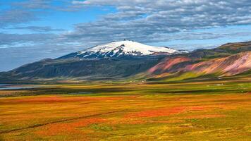 snaefellsjokull vulcano picco coperto con neve cap. panoramico al di sopra di islandese colorato e selvaggio paesaggio con prato e muschio campo, vulcanico nero sabbia e lava a estate, Islanda foto