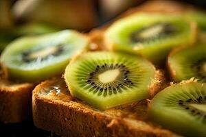 kiwi pane abbrustolito, macro tiro di un' fresco prima colazione con gocciolante Miele, ai generato foto