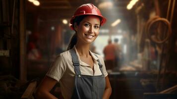 foto di femmina lavoratore Sorridi guardare telecamera. generativo ai