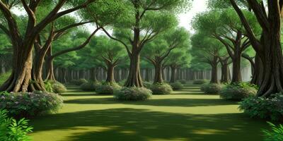 panoramico verde prato nel il foresta ambiente fotorealistico creato con ai generativo foto