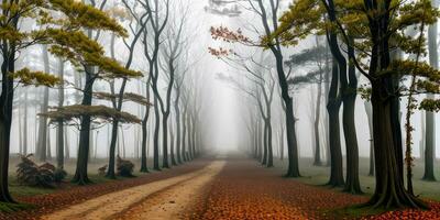 panoramico strada nel il autunno nebbioso foresta paesaggio creato con ai generativo foto