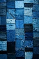 creativo patchwork di denim textures nel vario occhiali da sole di blu, ideale per incentrato sui giovani moda annunci ai generativo foto