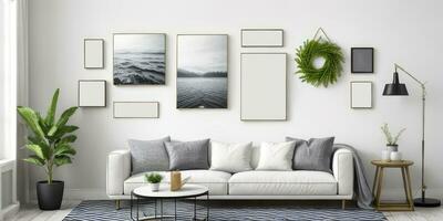 foto realistico parete arredamento foto telaio sopra divano nel seduta camera interno creato con ai generativo