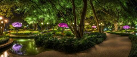 orizzontale anamorfico Schermo notte giardino parco ambiente fotorealistico per sfondo creato con ai generativo foto