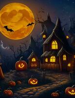 Halloween notte e zucca background.full Luna e frequentato Casa. ai generato foto
