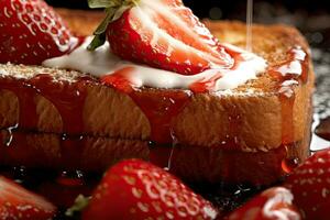 fragola pane abbrustolito, macro tiro di un' fresco prima colazione con gocciolante Miele, ai generato foto