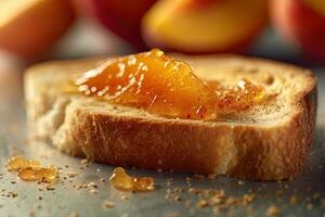 pesca pane abbrustolito, macro tiro di un' fresco prima colazione con gocciolante Miele, ai generato foto