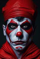 terrificante Halloween clown, ritratto di un' sinistro vestito di rosso giullare, ai generato foto