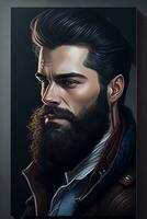 ritratto di un' bello giovane uomo con un' elegante barba e baffi. Uomini bellezza e moda, ai generato foto