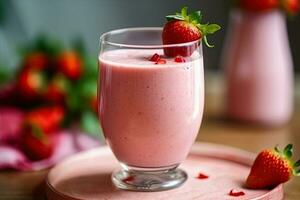 appetitoso fatti in casa fragola frullato nel bicchiere, generativo ai foto