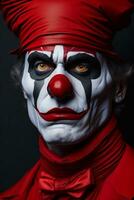 terrificante Halloween clown, ritratto di un' sinistro vestito di rosso giullare, ai generato foto