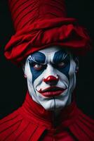 terrificante Halloween clown, ritratto di un' sinistro vestito di rosso giullare, ai generato foto