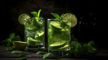 Mojito cocktail con lime, menta e ghiaccio su di legno tavolo foto