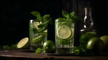 Mojito cocktail con lime, menta e ghiaccio su di legno tavolo foto