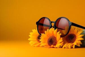 occhiali da sole e girasoli su giallo sfondo con copyspace. generativo ai foto