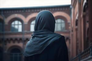 un' musulmano donna nel un' nero niqab attrezzatura sta nel un' cortile. generativo ai foto