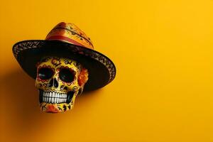 messicano zucchero cranio con sombrero e cappello su giallo sfondo con copyspace foto