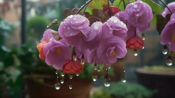 un' vicino su di un' bellissimo lavanda bulboso begonia fiori con gocce di pioggia foto