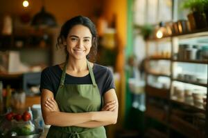 femmina proprietario Locale attività commerciale caffè. creare ai foto