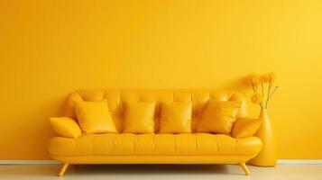 minimo concetto. interno di vivente camera. divano su giallo sfondo. foto
