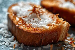 Noce di cocco pane abbrustolito, macro tiro di un' fresco prima colazione con gocciolante Miele, ai generato foto