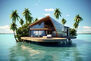 minuscolo isola nel il mezzo di il oceano con moderno spiaggia Casa con di legno rivestimento e palme foto