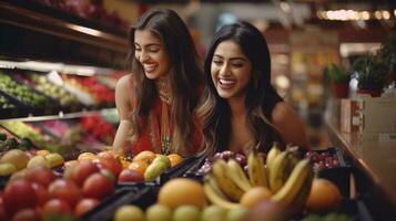 Due bellissimo indiano ragazze scegliere frutta e verdure nel il supermercato foto