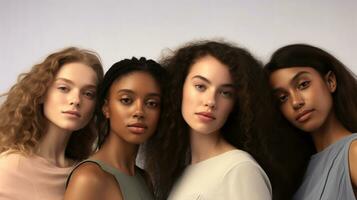 diversità. donne ritratti. gruppo di ragazze. gruppo di giovane donne con diverso acconciature in posa insieme su bianca . foto