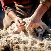 tosatura. dell'uomo mano tagli il lana a partire dal bianca pecore. avvicinamento di il mani di un' uomo governare un' lana pecore. foto