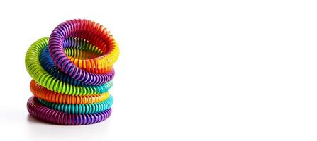 colorato viscido giocattolo su bianca sfondo. plastica arcobaleno spirale tubo. 3d rendere illustrazione foto