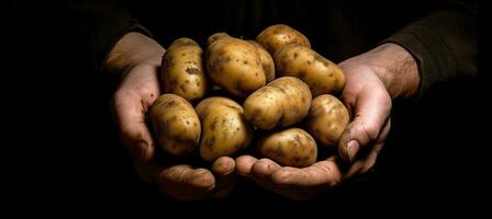 patate nel maschio mani con tracce di suolo su un' nero sfondo. ai generato foto