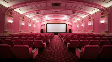 vuoto rosa cinema sala. Visualizza di vuoto cinema schermo con rosa sedie. foto
