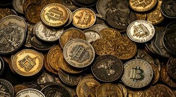 monete bitcoin. un' impostato di metallo il giro i soldi. ai generato foto