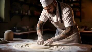 un' maschio capocuoco impasta Impasto su un' tavolo nel il cucina. il cucinare impasta il Impasto a partire dal Grano Farina. foto